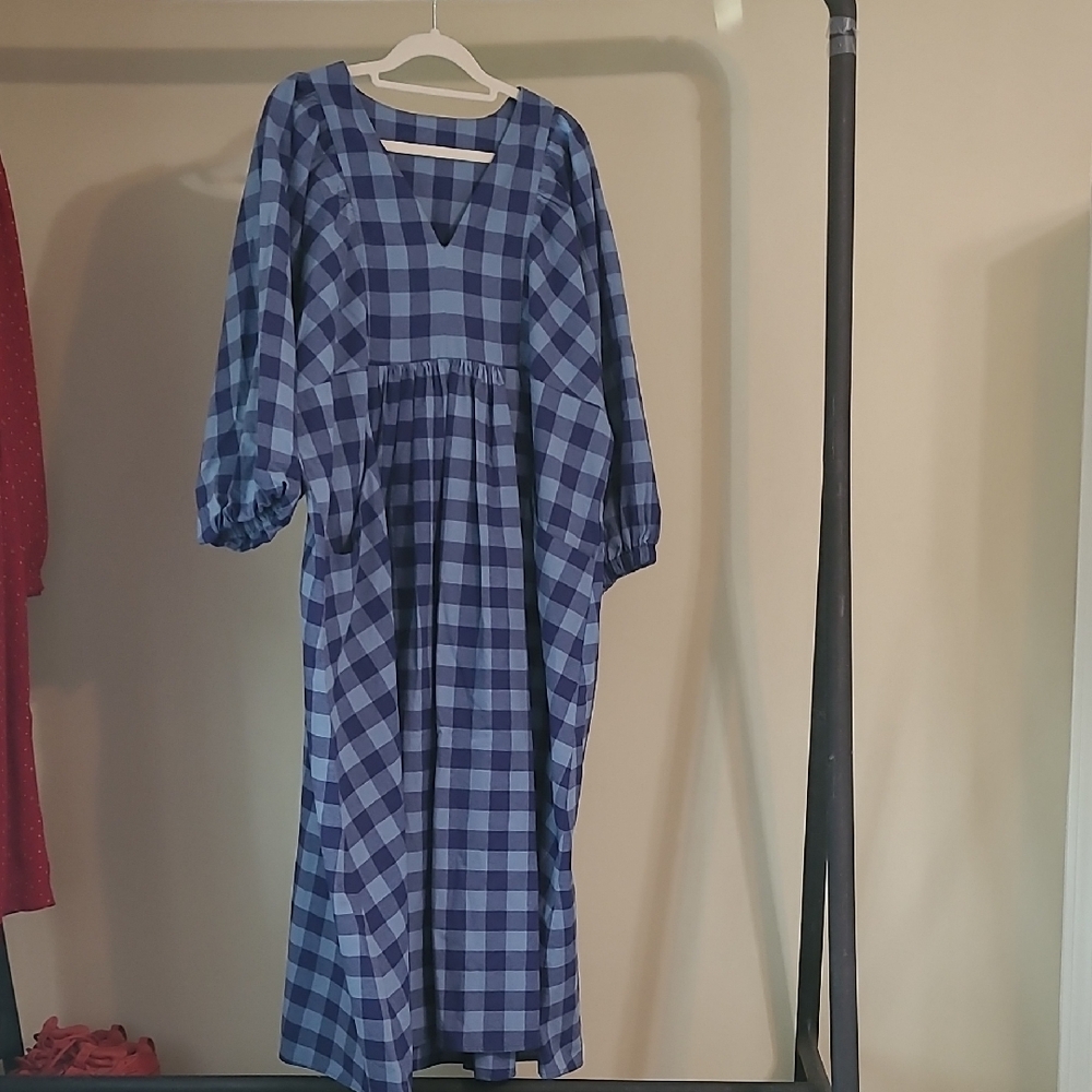 Blue Checkered Long Sleeve Dress